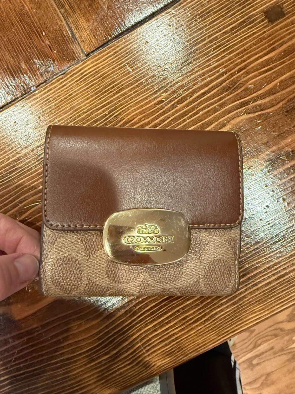 Coach Brown Leather & Signature Canvas Compact Wallet with Gold Plaque